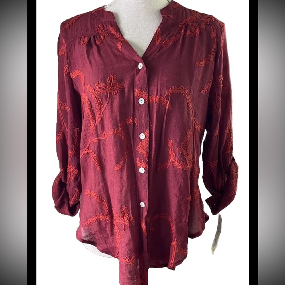Figueroa & Flower Margo embroidered button front shirt with roll tab sleeves NWT